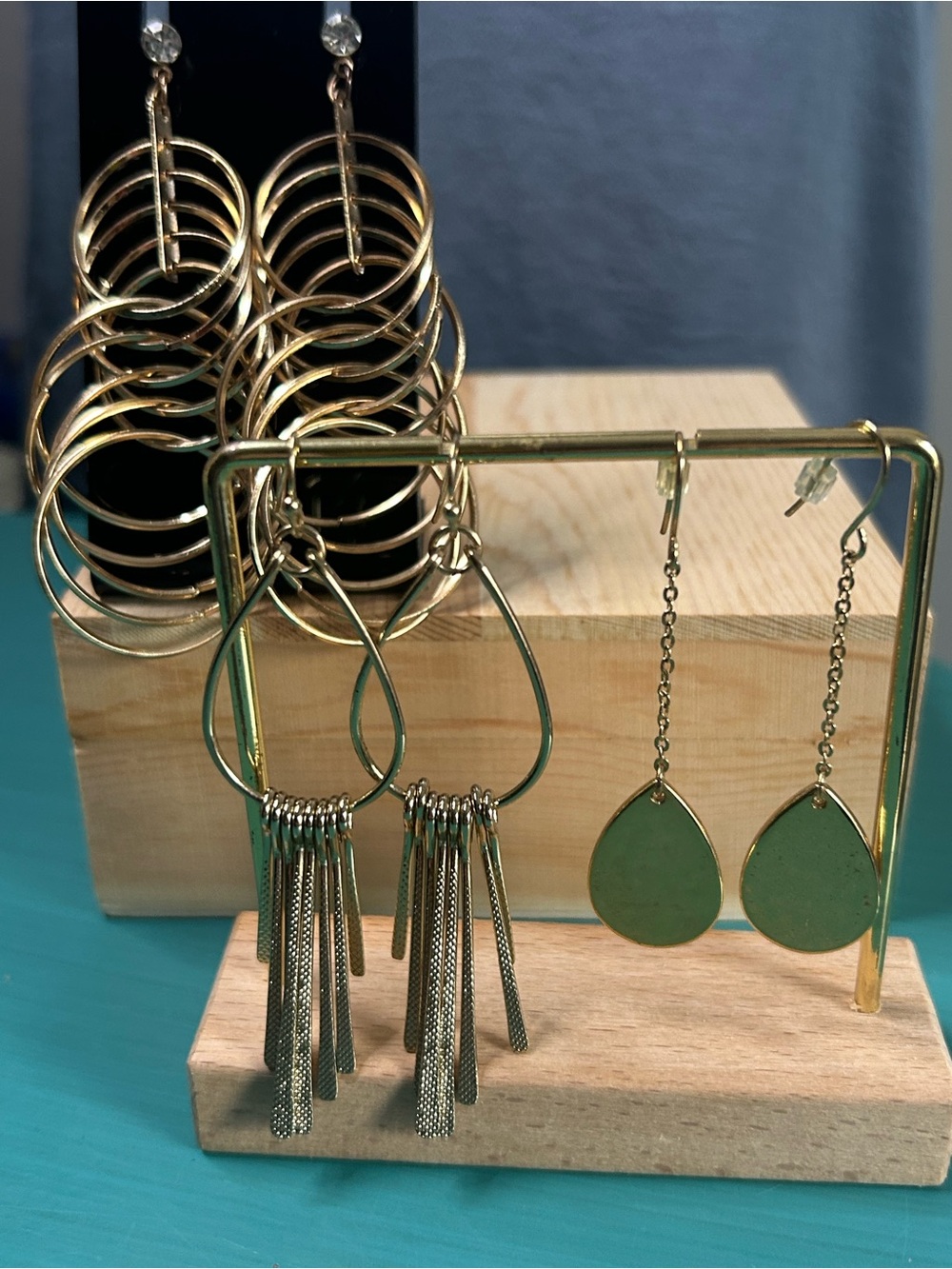Three Pair of Gold Tone Art Deco Statement Dangle Drop Earrings